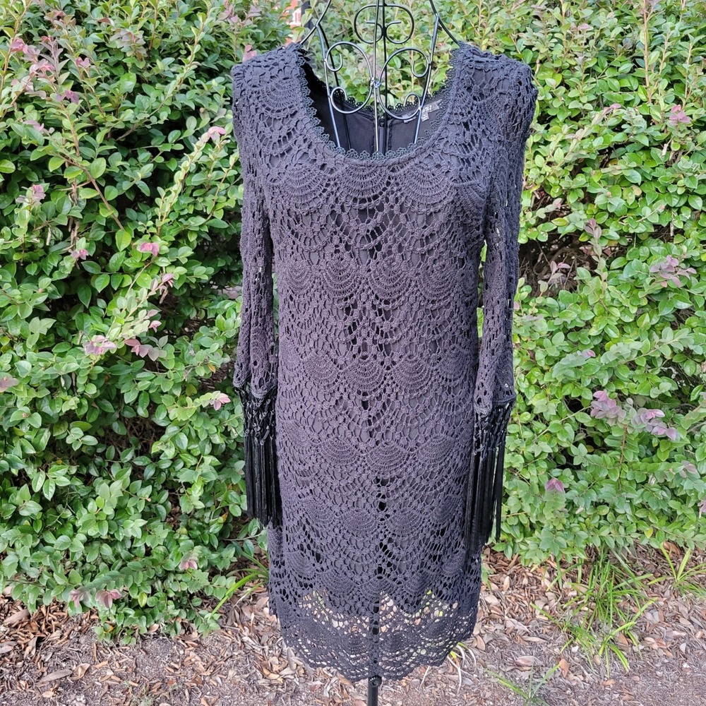 Miss Me M Dress Black Lace Crochet Fringe Bell Sleeve Boho Dark Fairy Whimsigoth